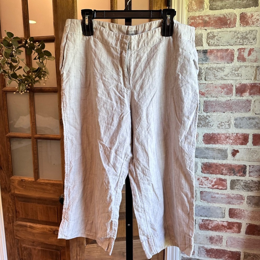 J. Jill Pants Women 16 Tan Linen Pinstripe Wide Leg Cropped Coastal Lagenlook